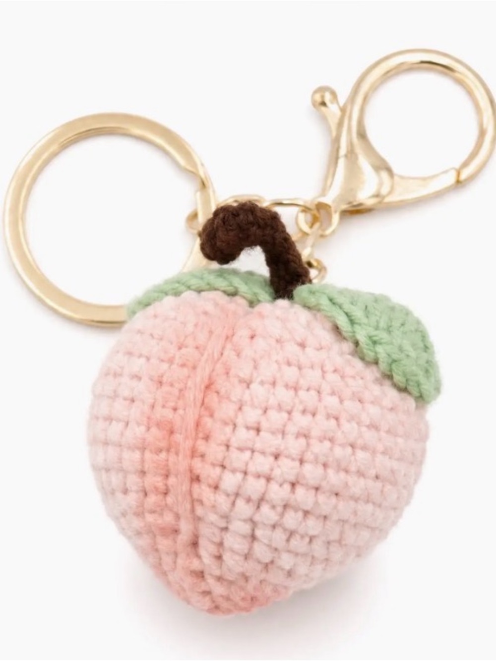 Pink Crochet Peach Keychain with Gold Tone Hardware